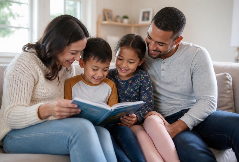 Familia leyendo un libro junta en el sofá