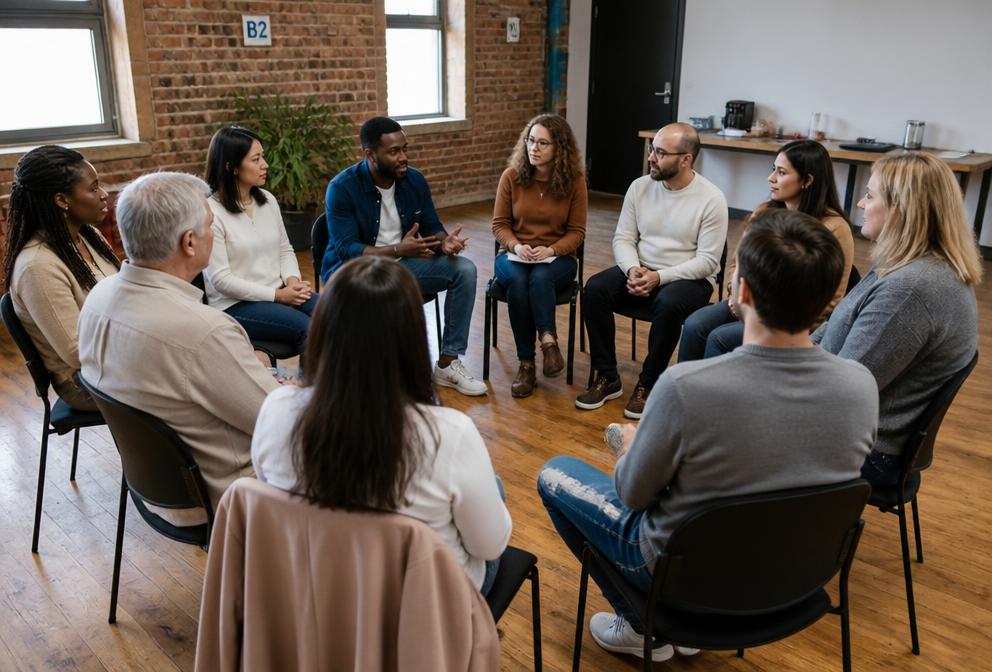 Líderes reunidos en círculo en un grupo pequeño