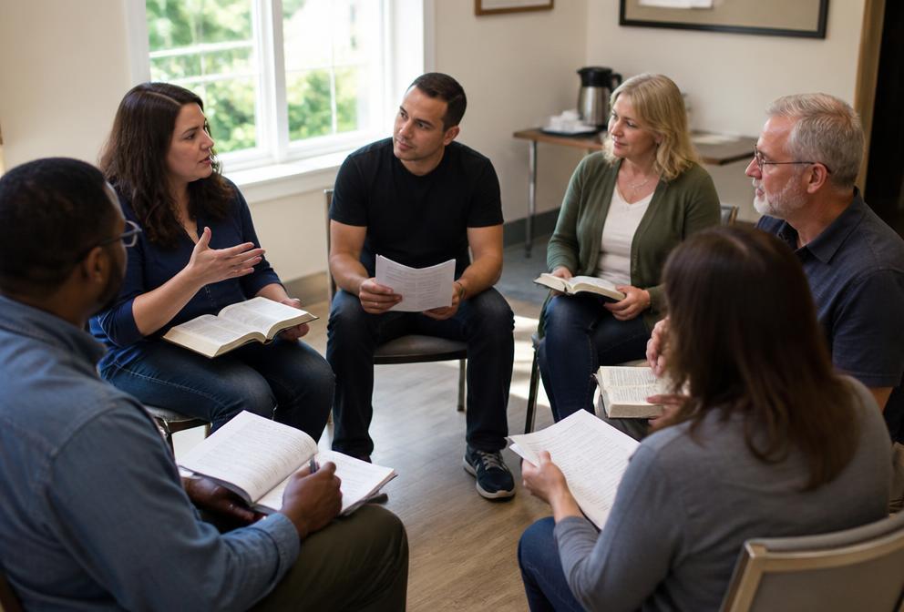 Profesores y pastores estudiando la Biblia en grupo